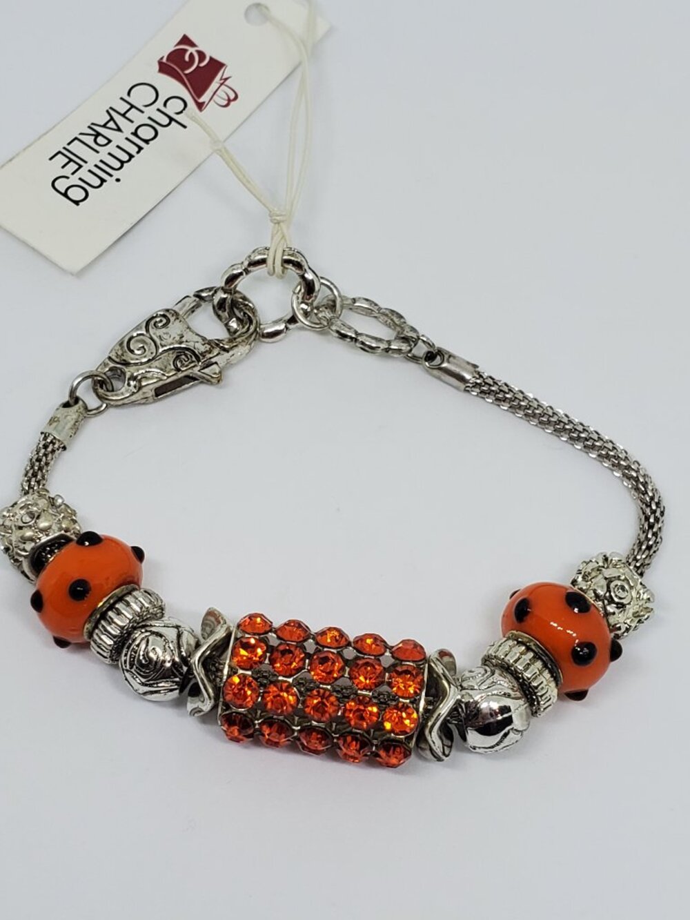 Silver and Orange Rhinestone Glass Bead Holiday Fall Beaded Charm Bracelet